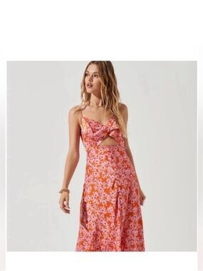 Astr Floral Cutout Midi Dress in Orange and Pink
